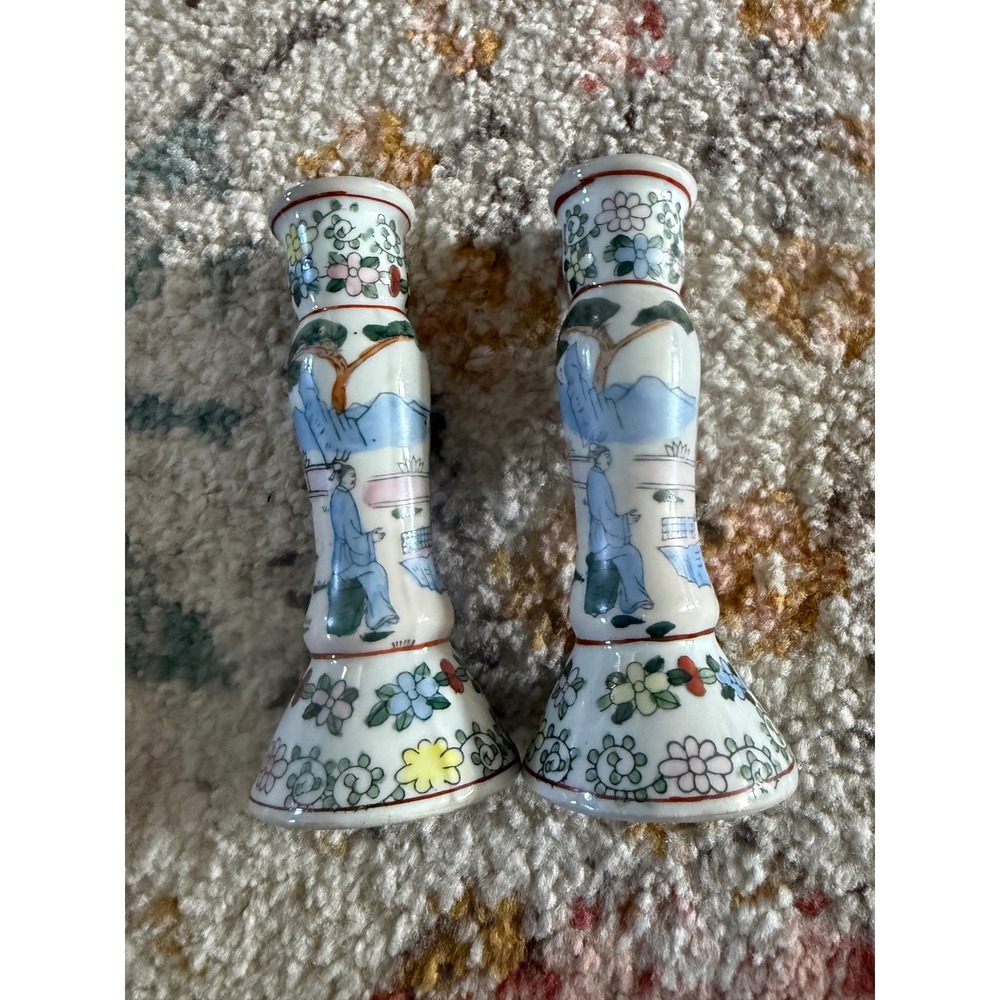 Vintage Chinese Porcelain Candlestick Pair Hand Painted Floral Landscape 5.25"‎